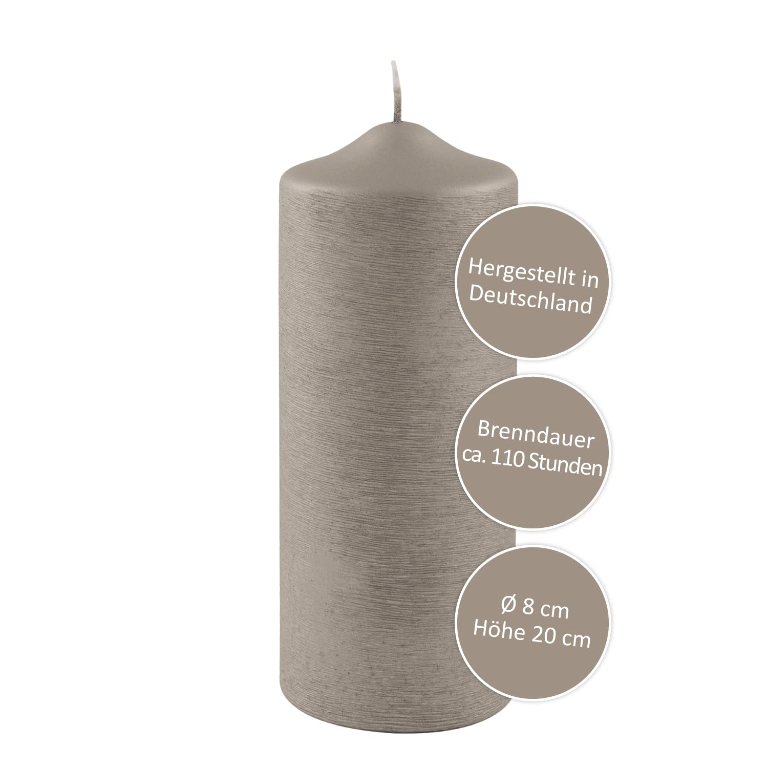 FINK Stumpenkerze grau für Hochzeitsdekoration Tischgesteck - raucharm duftneutral - H 20 D 8 cm - RAL Qualität