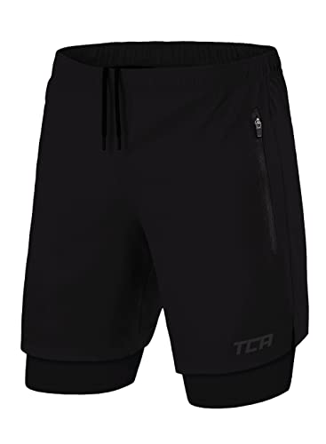 TCA Ultra Laufhose Herren 2 in 1 Kurze Sporthose Trainingsshorts Laufshorts mit integrierter Kompressionshose und Reißverschlussfach - Schwarz (2X reißverschlusstasche), S
