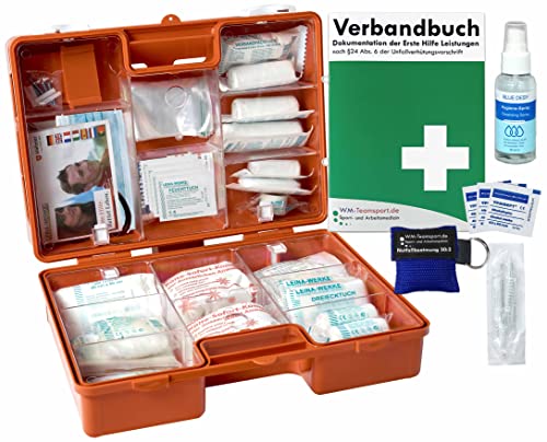 Erste-Hilfe-Koffer M2+"PRO" mit DIN 13157 für Betriebe & DIN 13164 für KFZ INKL. Notfallbeatmungshilfe, Wundreinigung, Verbandbuch & Hände-Antisept-Spray
