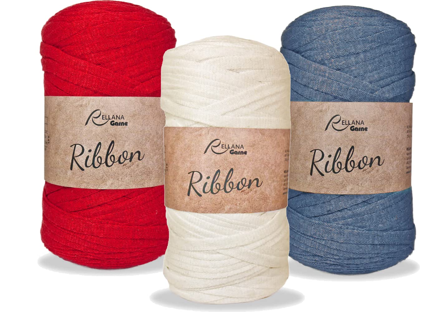 Ribbon Garn XL Sparset Textilgarn Rellana 3x250g nachhaltiges Bändchengarn aus recycelter Baumwolle (Rot-Natur-Jeans)