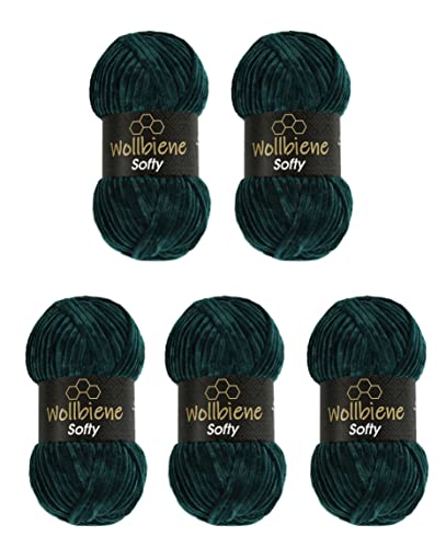 Wollbiene Softy 5 x 100 Gramm chenille wolle zum häkeln Strickwolle, Babywolle, 500 Gramm Chenille Wolle Super Bulky crochet yarn (dunkelgrün 22)