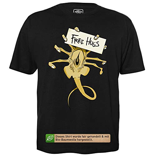 Free Hugs Facehugger - Herren T-Shirt für Geeks mit Spruch Motiv aus Bio-Baumwolle Kurzarm Rundhals Ausschnitt, Größe L