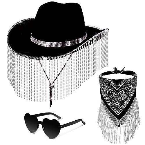 Frotox Quasten Cowgirl Mit Cowgirl Bandanas Und Herzförmigen Brillen Set Kostüm Cosplay Party Breite Krempe Kleid Mütze Brautparty