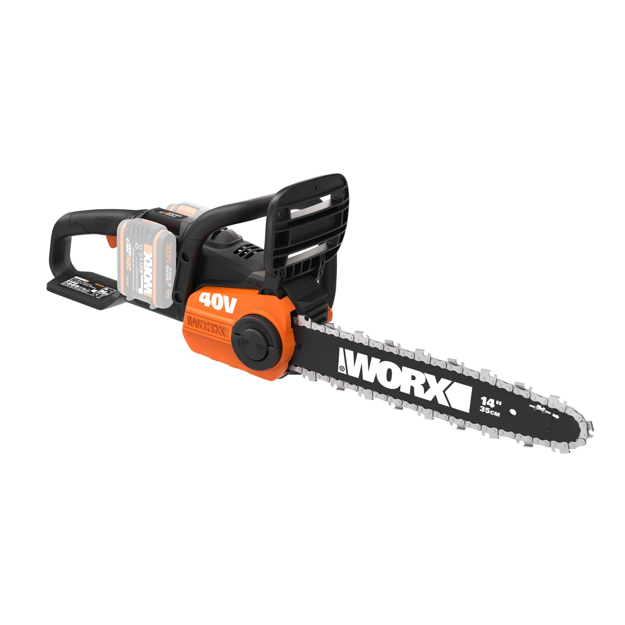 WORX WG384E.9 Akku Kettensäge 40V - 35cm Schwertlänge - leistungsstarke bürstenloser Motor - werkzeugloses Kettenwechsel - 8 m/s Schnittgeschwindigkeit - leicht & kompakt - ohne Akku & Ladegerät