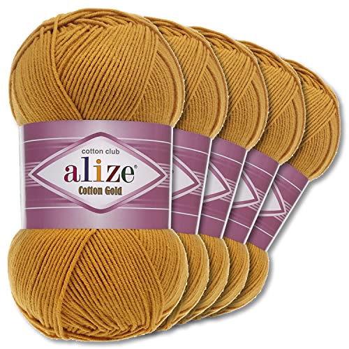 Alize 5 x 100 g Cotton Gold Premium Wolle| 39 Farben Sommerwolle Garn Stricken Amigurumi (02 | Senf)