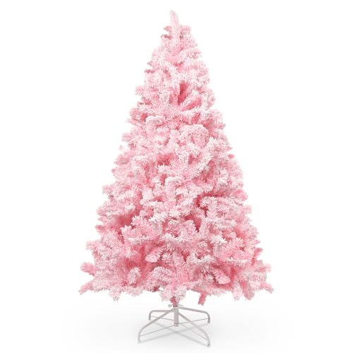 180 cm/6 ft Weihnachtsbaum Rosa mit praller Flocked Dekoration with Schneeflocken, 808 Spitzen Kiefernblattblätter aus PVC und Stabile Basis, Künstlich Christbaum für Weihnachtsdekorationen