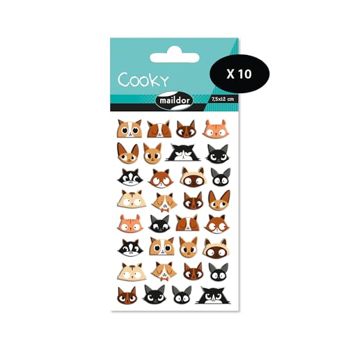 Maildor CY032Opack – eine Packung mit 3D-Aufklebern Cooky, 1 Bogen 7,5 x 12 cm, Katzenköpfe (24 Aufkleber), 10 Stück