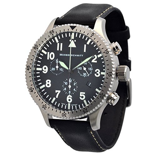 Messerschmitt Herren Quarz Chronograph 5031LS Ronda Swiss Movement 5ATM mit schwarzen Lederarmband mit weisser Stepnaht