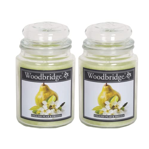 Woodbridge Duftkerze im Glas mit Deckel | 2er Set English Pear & Freesia | Duftkerze Fruchtig | Kerzen Lange Brenndauer (130h) | Duftkerze groß | Kerzen Grün (565g)