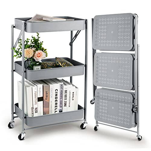 Todeco Klappbarer Rollwagen mit 3 Ebenen, Servierwagen, Küchenwagen aus Metall und Kunststoff, Keine Montage, 46 x 29 x 78 cm, für Bad, Küche (Gray)