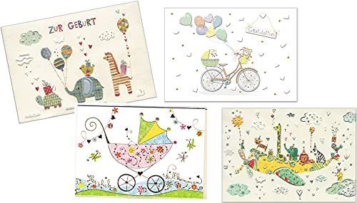 Turnowsky Set aus 4 Glückwunschkarten zur Geburt eines Babys - hochwertige schöne Relief-Grußkarten Kuvert