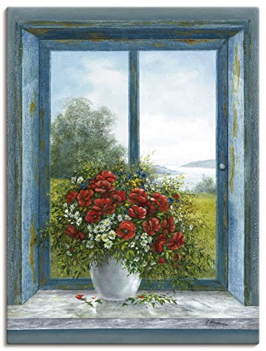 Artland Qualitätsbilder I Bild auf Leinwand Leinwandbilder Wandbilder 60 x 80 cm Stillleben Arrangements Botanik Malerei Braun A6CP Blumen am Fenster