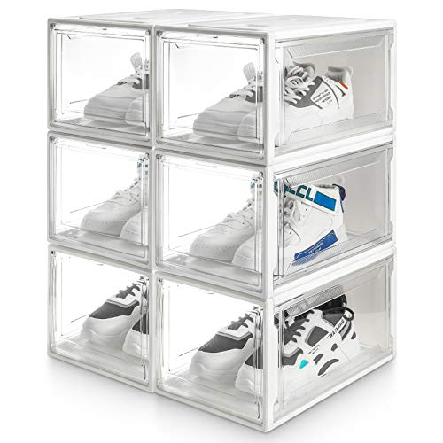 Yorbay 6er Set, Schuhbox Schuhregal, stapelbarer Schuhorganizer, plastikbox mit durchsichtiger Tür, Schuhaufbewahrung, 37 x 25,5 x 20 cm, für Schuhe bis Größe 48, Super transparent weiß