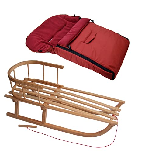 Kombi-Angebot Holz-Schlitten mit Rückenlehne & Zugseil + universaler Winterfußsack (90cm), auch geeignet für Babyschale, Kinderwagen, Buggy, Thermofleece Uni (bordeaux + Schlitten)