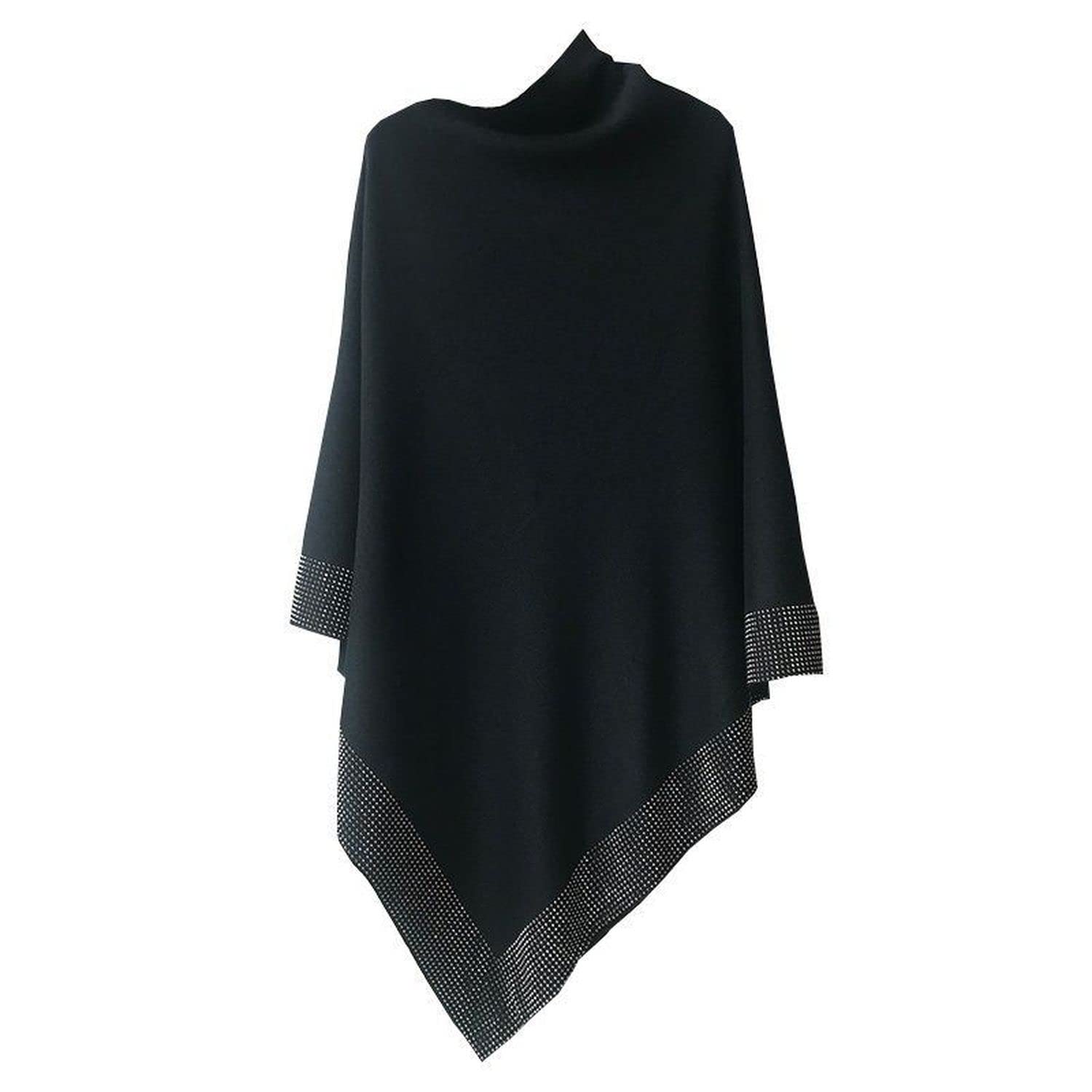Dzhzuj Shiny Women's Wool Rhinestone Shawls Shawls for Women Lightweight Shawls and Wraps for Evening Dresses,Ladies Irregular Loose Knitted Scarf Poncho Sweater (XX-Large,Black)