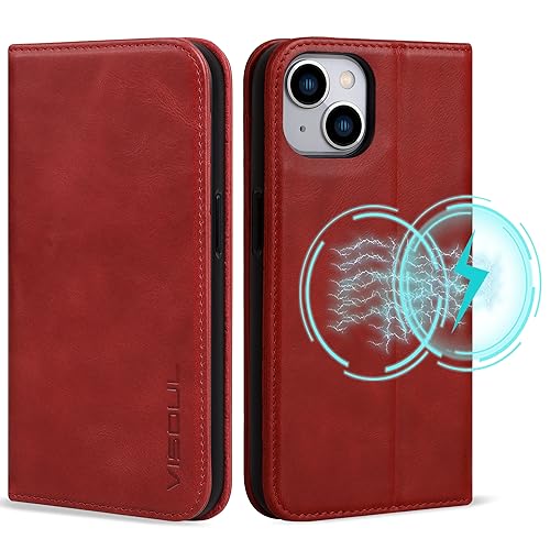 VISOUL Hülle für iPhone 15, Schutzhülle [Echt Leder] [Schützt vor Stoß] [Kartenfach] [Magnetverschluss] [Stand] klappbar handyhülle Handytasche Etui Case für iPhone 15 Rot