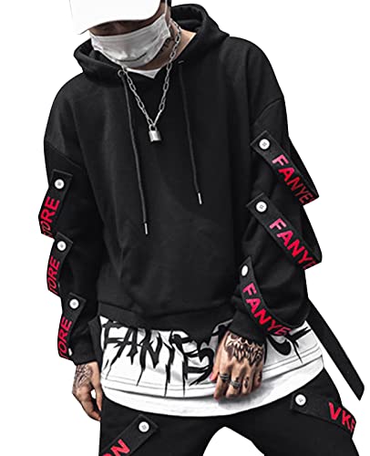 ORANDESIGNE Herren Techwear Japanischer Harajuku Kapuzenpullover Hip Hop Streetwear Urban Hoodie G Schwarz M