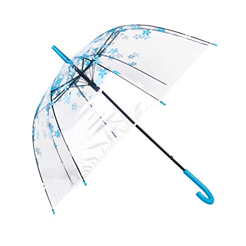 ThreeH Blase Durchsichtiger Stockschirm Winddicht Blase Automatik Kirschblüten Reise Regenschirm KS11,Blue