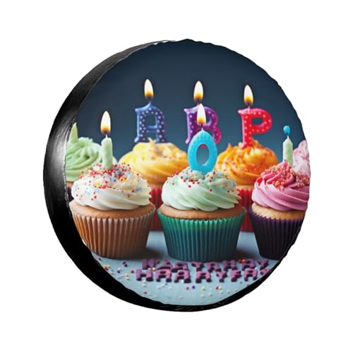 Ersatzreifenabdeckung, bunt, "Happy Birthday", Cupcakes, bedruckter Reifenschutz, universelles Zubehör für Auto, SUV, LKW, passend für Reifen mit einem Durchmesser von 58,4 - 81,3 cm
