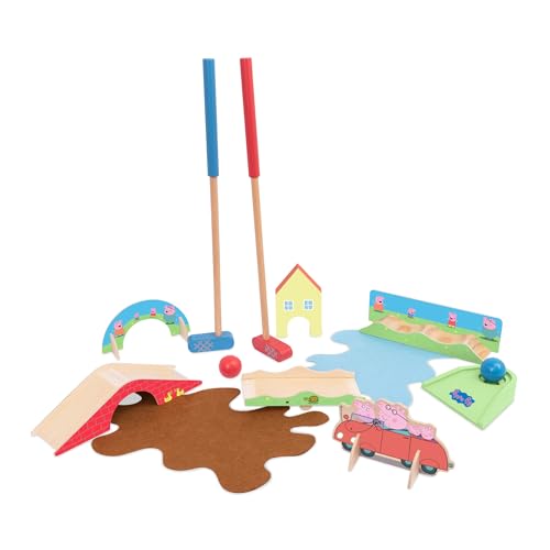 Peppa Pig 166A Wooden Crazy Golf Set, Includes 2 x Children's Clubs, 1 x Ball, Obstacles, Scorecards and Hole with Celebration Sound, Multicolour, Age 18 Months+