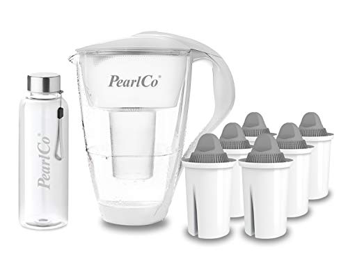 PearlCo - Glas-Wasserfilter (weiß) mit 6 Protect+ classic Filterkartuschen (f. hartes Wasser) + 1 Trinkflasche aus Glas