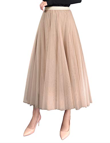 FEOYA Damen Chiffon-Röcke, einfarbig, elastisch, hohe Taille Gr. One size, Stil 5 Beige
