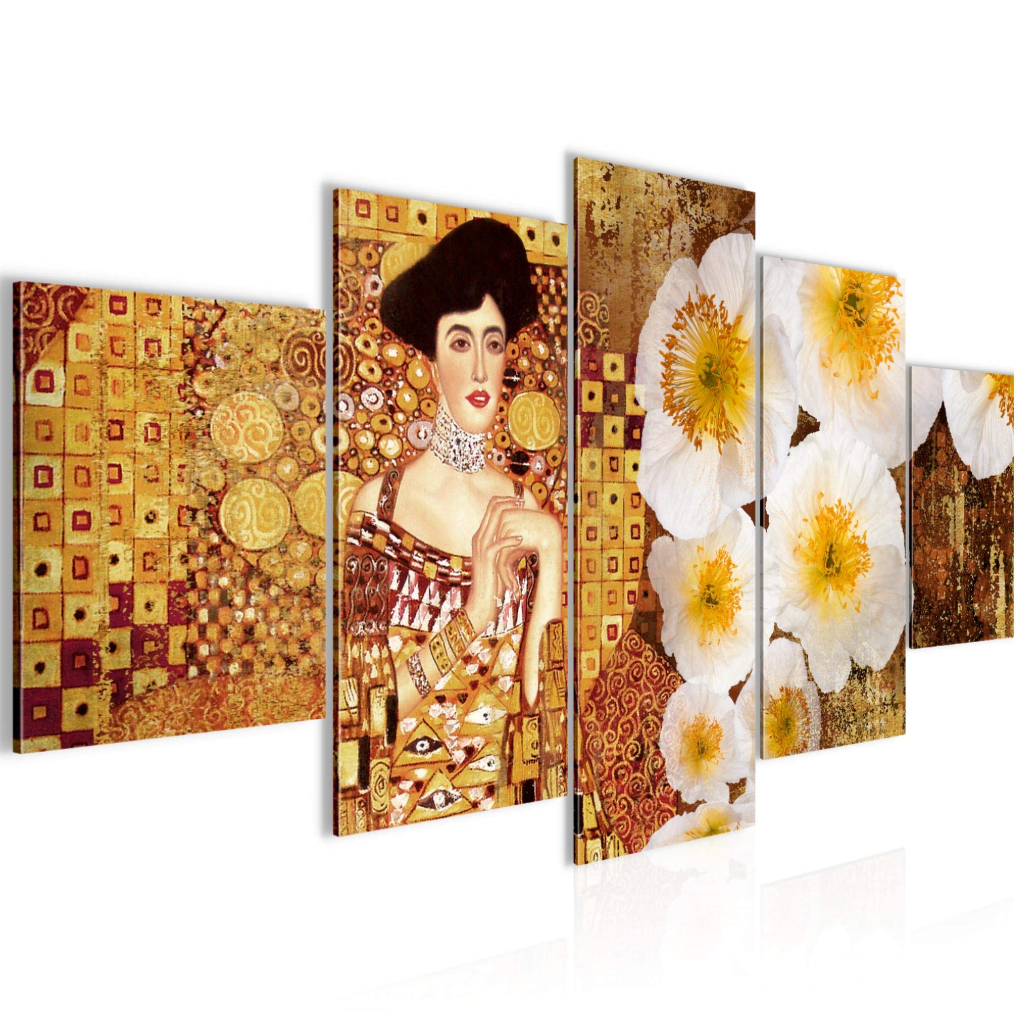 Runa Art Wandbilder Gustav Klimt 5 Teilig Bild auf Vlies Leinwand Deko Wohnzimmer Frau Blumen Gold 019552a