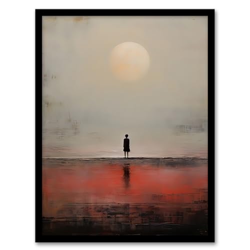 Alone with The Sea Minimalist Misty Seascape Sunset Artwork Framed Wall Art Print A4