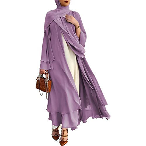 RUIG Frauen Muslimisches Gebet Chiffon Offenes Kleid Abaya Dubai Türkei Islam Kaftan islamischer Ramadan Eid Mubarak Frauen Robe, Lila mit Hijab, S
