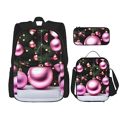 OdDdot 3-teiliges Rucksack-Set, bedruckt, rosa Weihnachtskugeln, Rucksack mit Lunchbox und Federmäppchen, Rucksack mit großer Kapazität, Büchertasche