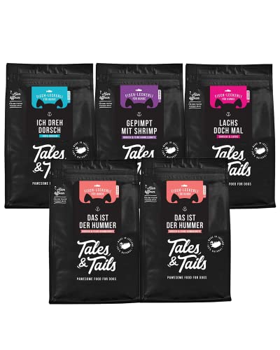 Tales & Tails Mixpaket Trainingsleckerli für Hunde I 100% Fisch I getreidefrei, zuckerfrei, luftgetrocknet I 5 Tüten - 1x Dorsch, 1x Lachs, 1x Shrimp 2x Hummer