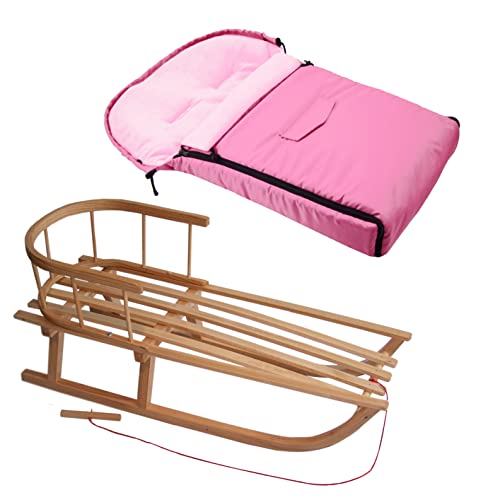 Kombi-Angebot Holz-Schlitten mit Rückenlehne & Zugseil + universaler Winterfußsack (90cm), auch geeignet für Babyschale, Kinderwagen, Buggy, Thermofleece Uni (rosa + Schlitten)