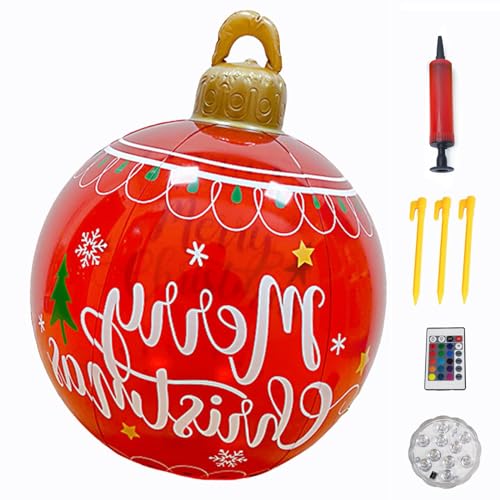 Große Aufblasbare Weihnachtskugeln 60 cm, Aufblasbarer Weihnachtsball aus PVC für den Außenbereich, Weihnachten Aufblasbar Ball mit Erdspießen und Pumpe für Outdoor Balkon Terrasse Garten Deko (A)