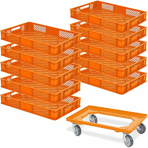 10 Eurobehälter LxBxH 600x400x90 mm, Industriequalität, lebensmittelecht + 1 Transportroller orange
