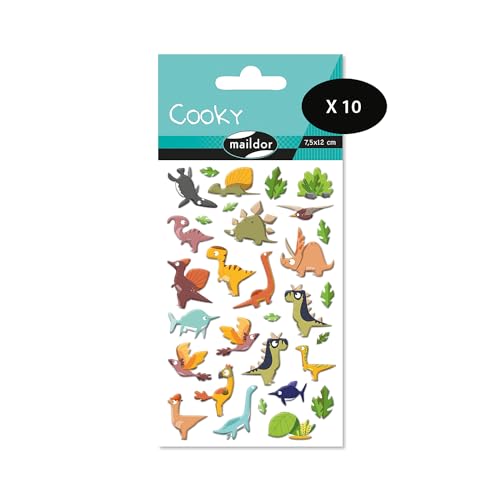 Maildor CY137Cpack – eine Packung mit 3D-Aufklebern Cooky, 1 Bogen 7,5 x 12 cm, Dinosaurier (31 Aufkleber), 10 Stück