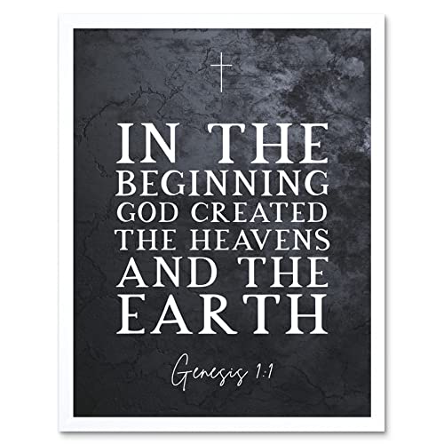 Genesis 1:1 In The Beginning GOD created the Heavens and the Earth Christian Bible Verse Quote Scripture Typography Art Print Framed Poster Wall Decor 12x16 inch