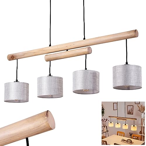 Hängeleuchte Bigandie, 4-flammige Pendellampe aus Metall und Holz in Schwarz/Natur, Lampe mit Stoffschirmen in Grau mit verstellbaren Holzbalken, 4 x E27 max. 40 Watt