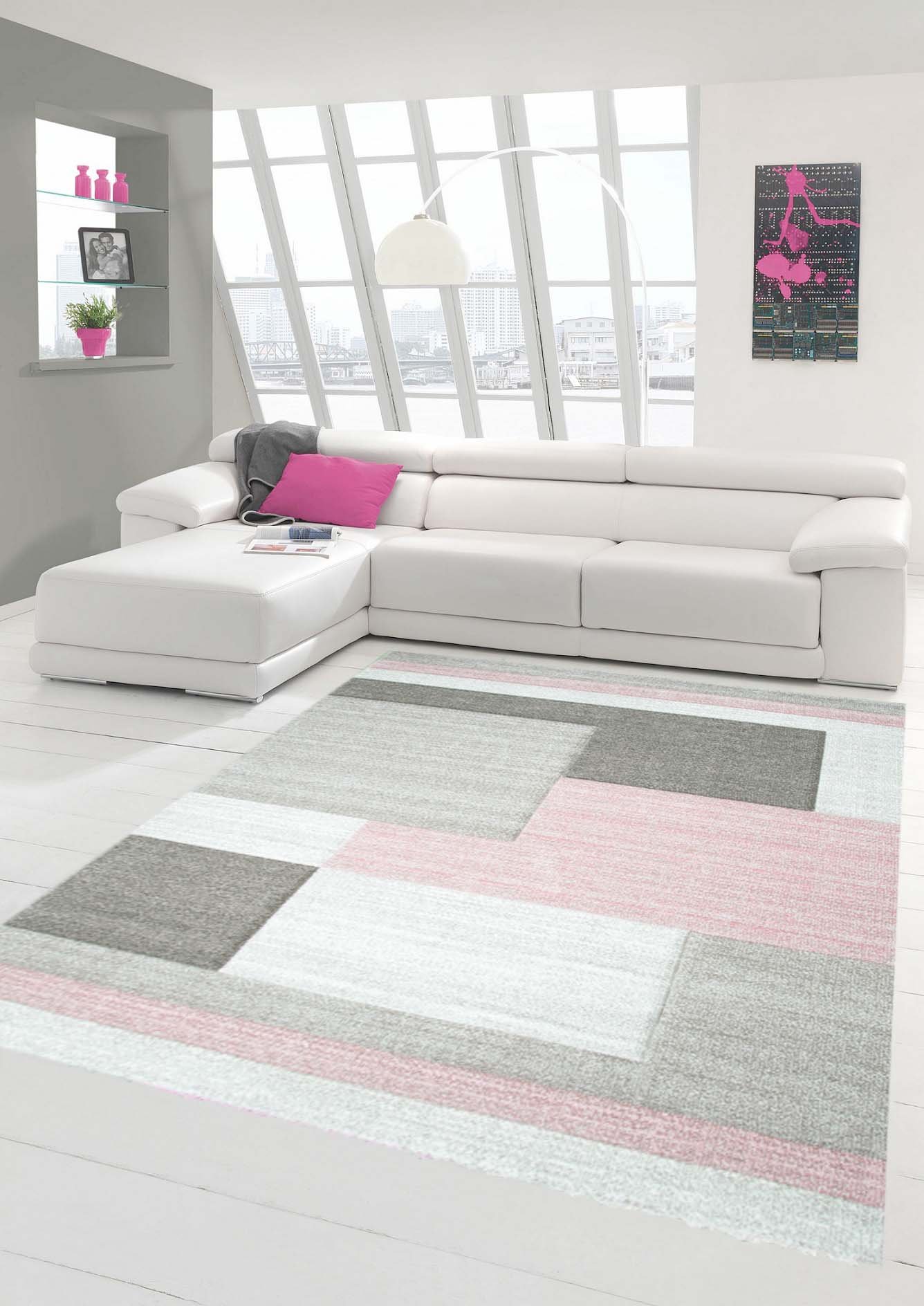 Traum Teppich Designerteppich Moderner Teppich Wohnzimmerteppich Kurzflor Teppich mit Konturenschnitt Karo Muster Pastellfarben Rosa Beige, Größe 240x340 cm