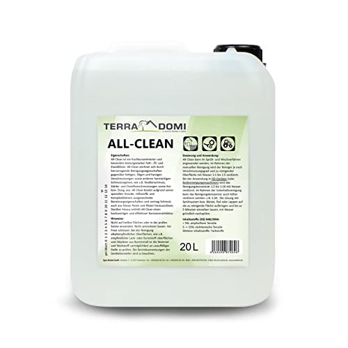 TerraDomi All-Clean, 20 Liter Reinigungsmittel für hartnäckige Verschmutzungen, wirksamer Power-Reiniger für Terrasse, Dach, Haus, Hof & Garten, vielseitige Anwendung