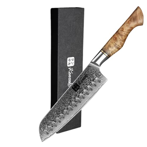 KENSAKI Santoku Messer aus Damaszener Stahl Küchenmesser Japanischer Art hergestellt aus 67 Lagen Damaststahl – Kiniro Serie, KEN-022