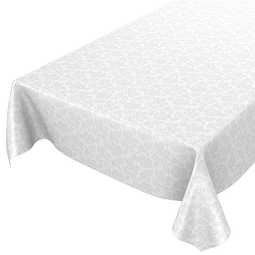 ANRO Wachstuchtischdecke Wachstuch abwaschbar Tischdecke Blumen Einfarbig Uni Weiß Reliefdruck Damast 200x140cm eingefasst