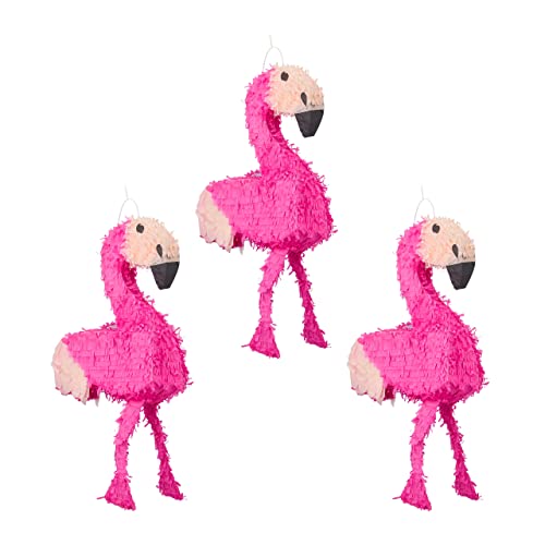 Relaxdays 3er Set Pinata Flamingo, zum Aufhängen, Kinder, Mädchen, Geburtstag, zum Befüllen, HxBxT: 80 x 40 x 14 cm, rosa-pink