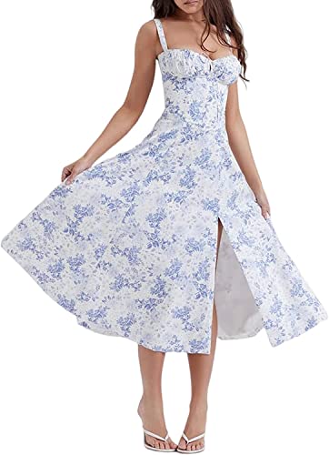 Print Bustier Sundress, 2023 New Women Floral Corset Midi Dress, Summer Boho Square Neck Sleeveless Flowy Slit Print Fitted Cami Dress. (M, Blue Flowers)