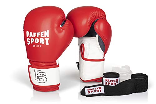 PAFFEN SPORT «Starter» Box-Bundle, «FIT» Boxhandschuhe, rot/weiß, 14UZ.; «Allround» Bandage schwarz, 3,5 m; «Allround» Zahnschutz, transparent, ohne Mint