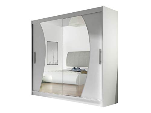 Kleiderschrank mit Spiegel London IX, Schwebetürenschrank, Schiebetürenschrank, Modernes Schlafzimmerschrank 180x215x57cm, Garderobe, Schlafzimmer (Weiß)