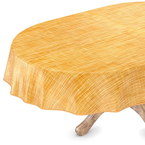 Tischdecke abwaschbar Wachstuch Wachstuchtischdecke Oval 140 x 160cm mit Saum Leinen Textil Optik Gelb Gartentischdecke Wachstuch