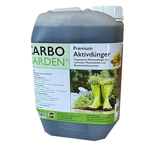 CARBOGARDEN® Aktivdünger, flüssig, 5 Liter Kanister, mit natürlichen Brennesselkonzentrat und wertvoller Premium Pflanzenkohle für alle Blüh- und Grünpflanzen