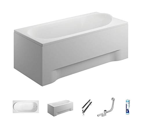ECOLAM Badewanne Wanne Rechteck Medium Acryl weiß 190x80 cm + Schürze Ablaufgarnitur Ab- und Überlauf Automatik Füße Silikon Komplett-Set
