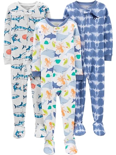 Simple Joys by Carter's Baby Jungen Pyjamaset aus Baumwolle, mit Füßen, Anliegende Passform, 3er-Pack, Tier/Batik, 12 Monate