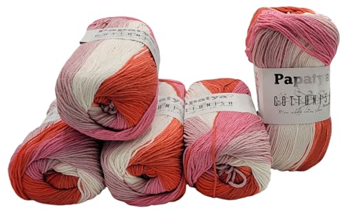 5 x 100 Gramm Papatya Cottonish Antipilling Wolle mit Farbverlauf, 500 Gramm Strickwolle mit Anti-Pilling Effekt Mehrfarbig (rot rosa weiss 03)